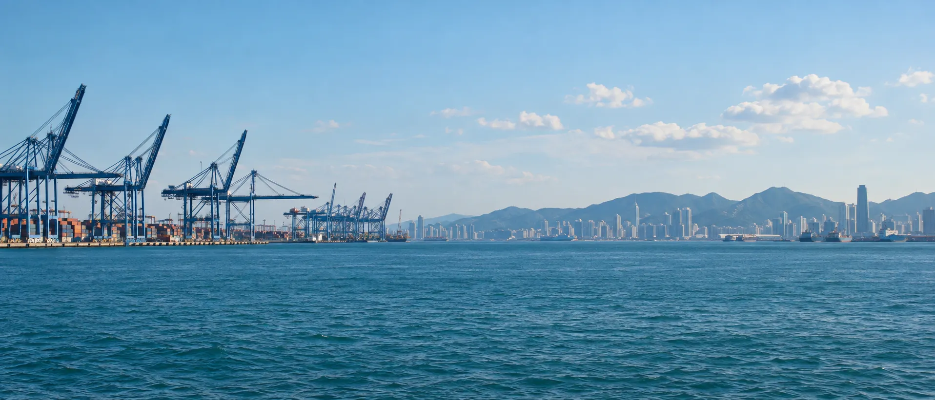Illustrative panoramic view of a container harbor and coastal skyline