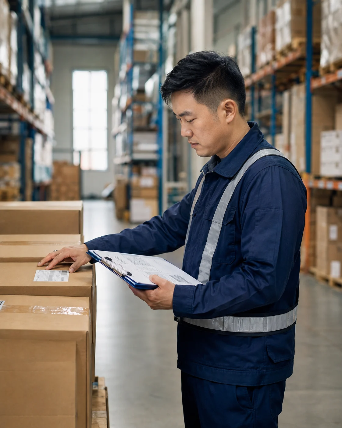 Logistics coordinator comparing shipping documents with a carton label in an export warehouse