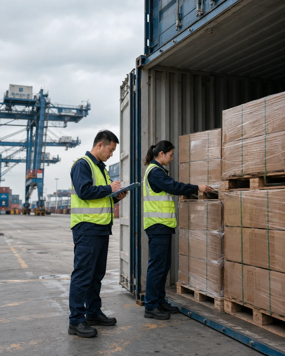 Logistics staff reviewing shipment details beside a container