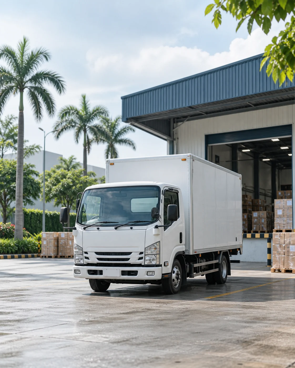 AI-generated illustration of an unbranded delivery truck at a tropical distribution warehouse