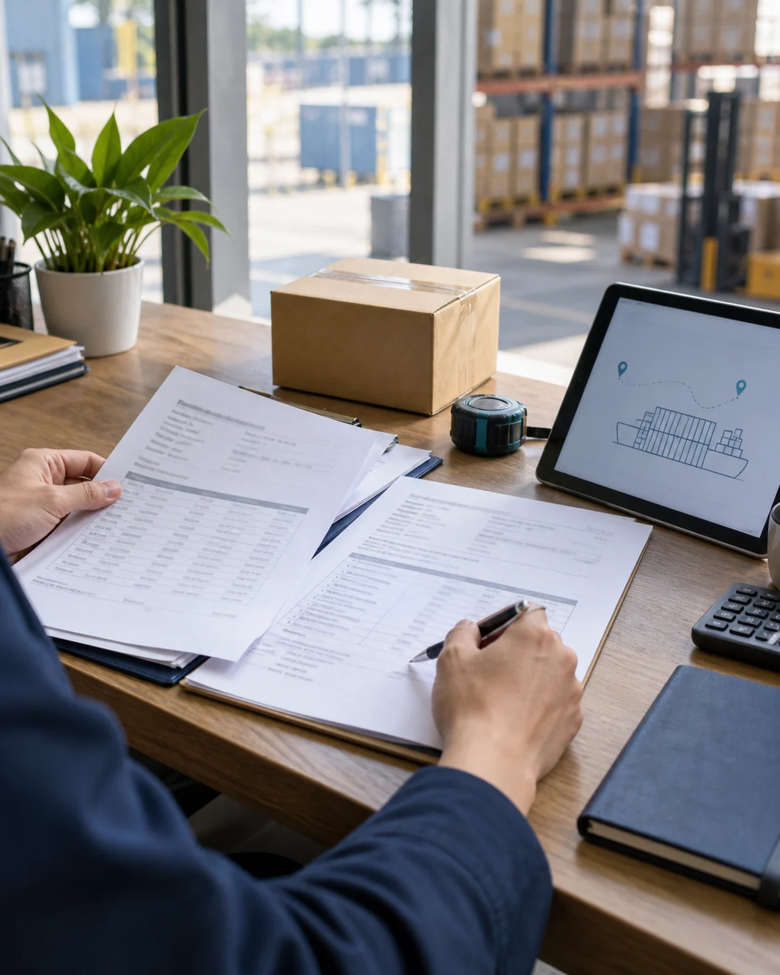 AI-generated illustration of shipment documents being prepared beside a warehouse