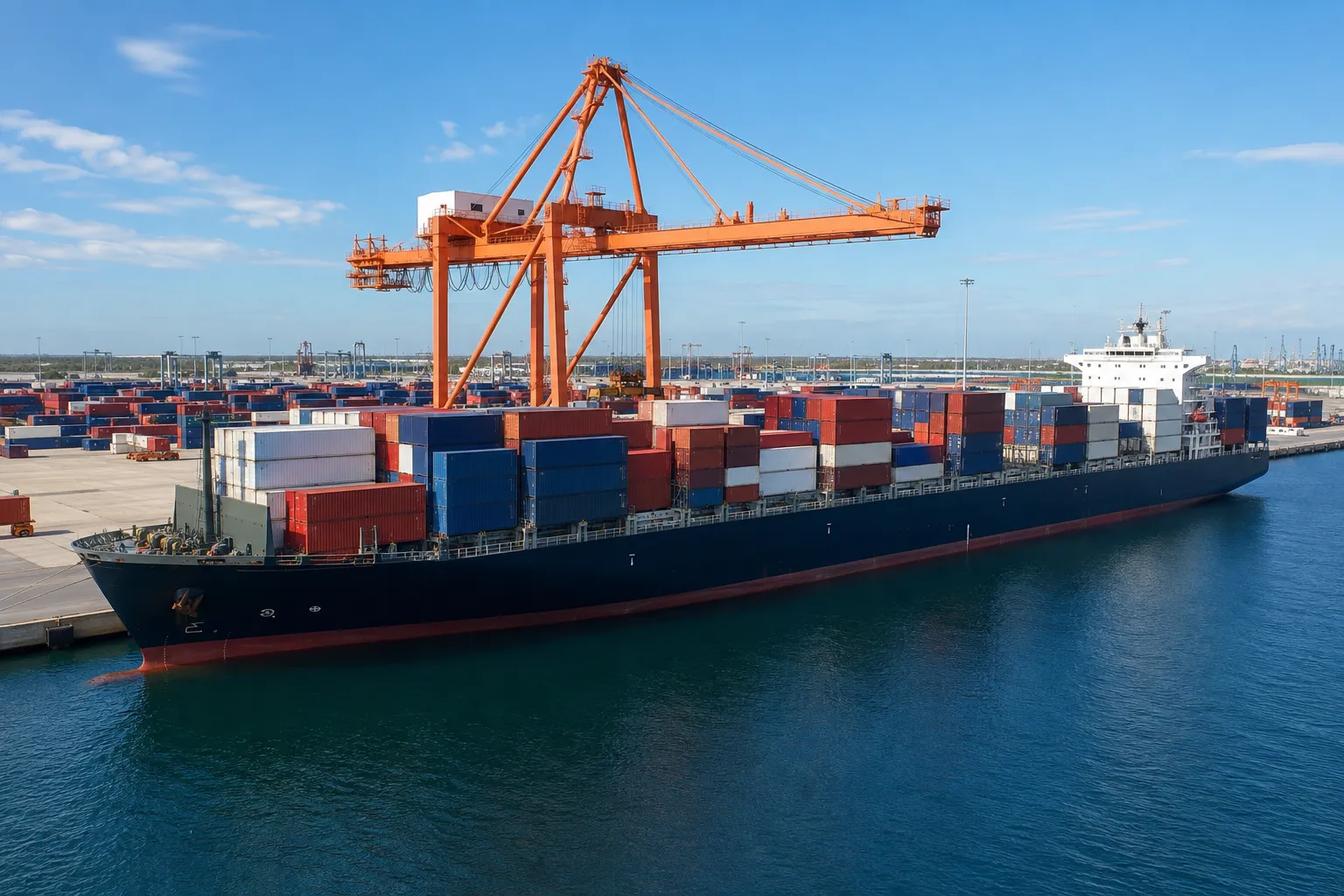 Illustrative container vessel at a daylight cargo terminal