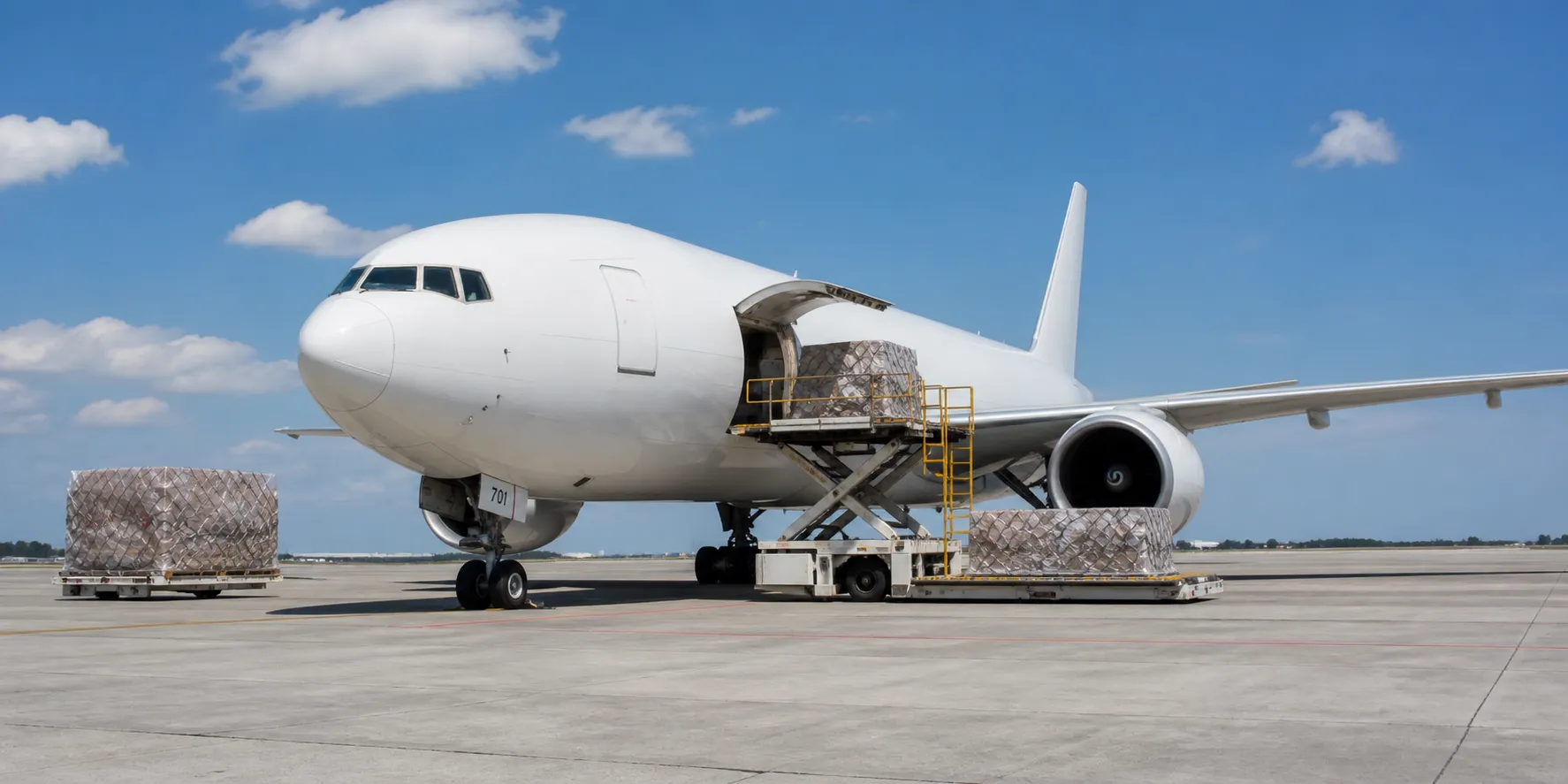 Illustrative cargo aircraft and freight pallets on an airport apron