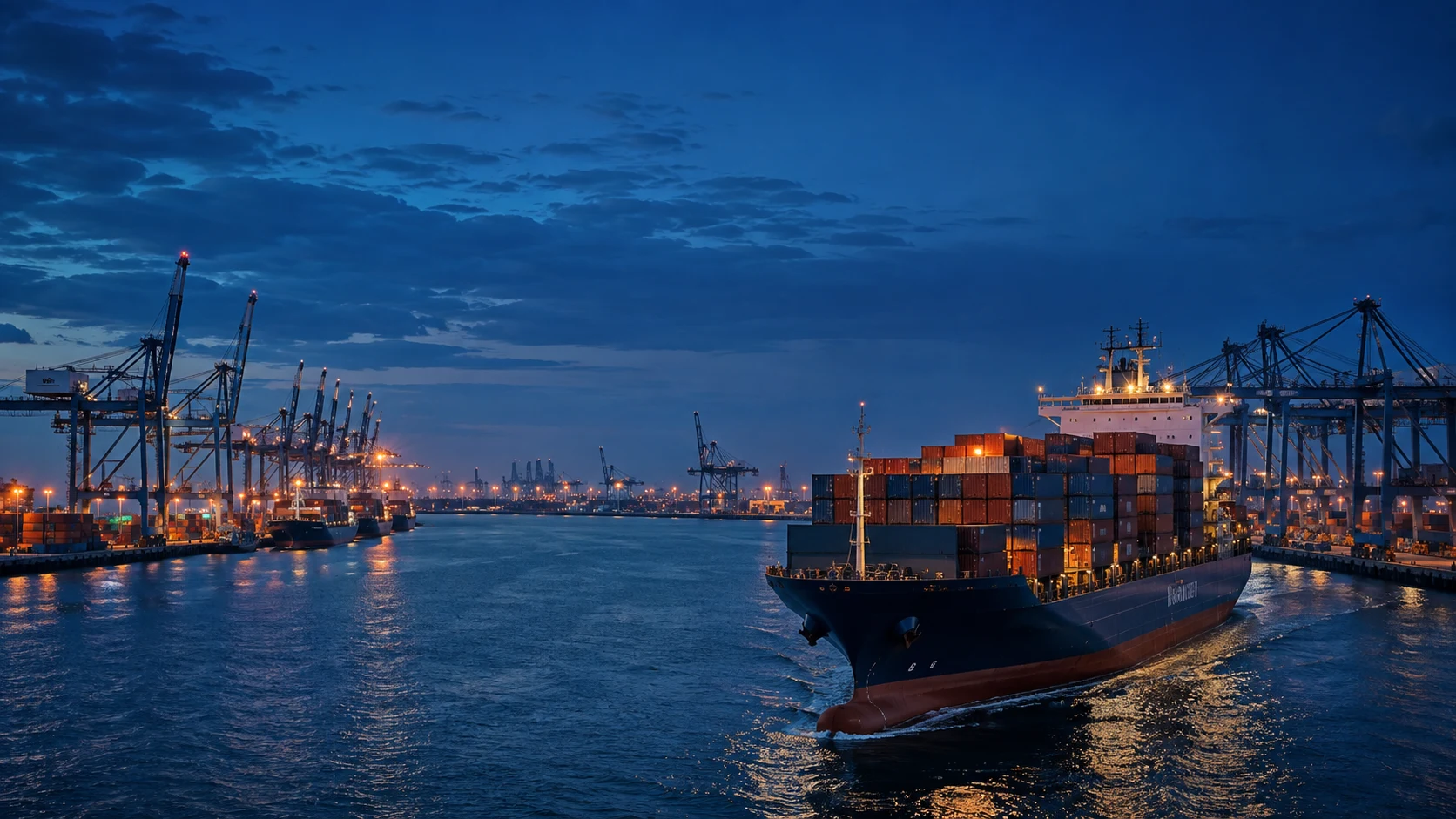 Container vessel moving through a blue-hour seaport