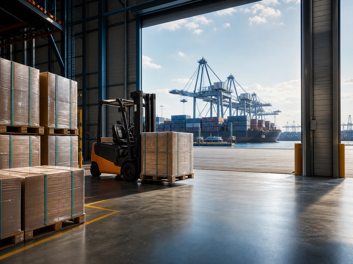 Warehouse cargo and forklift beside a port