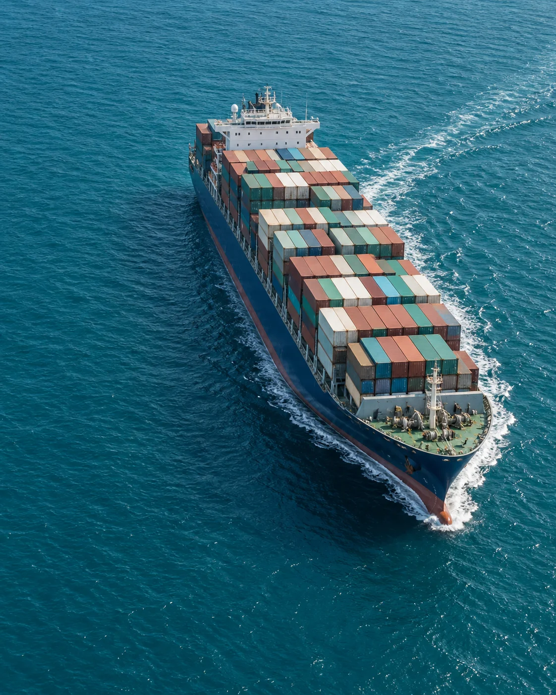 AI-generated illustration of an unbranded container ship sailing through turquoise water