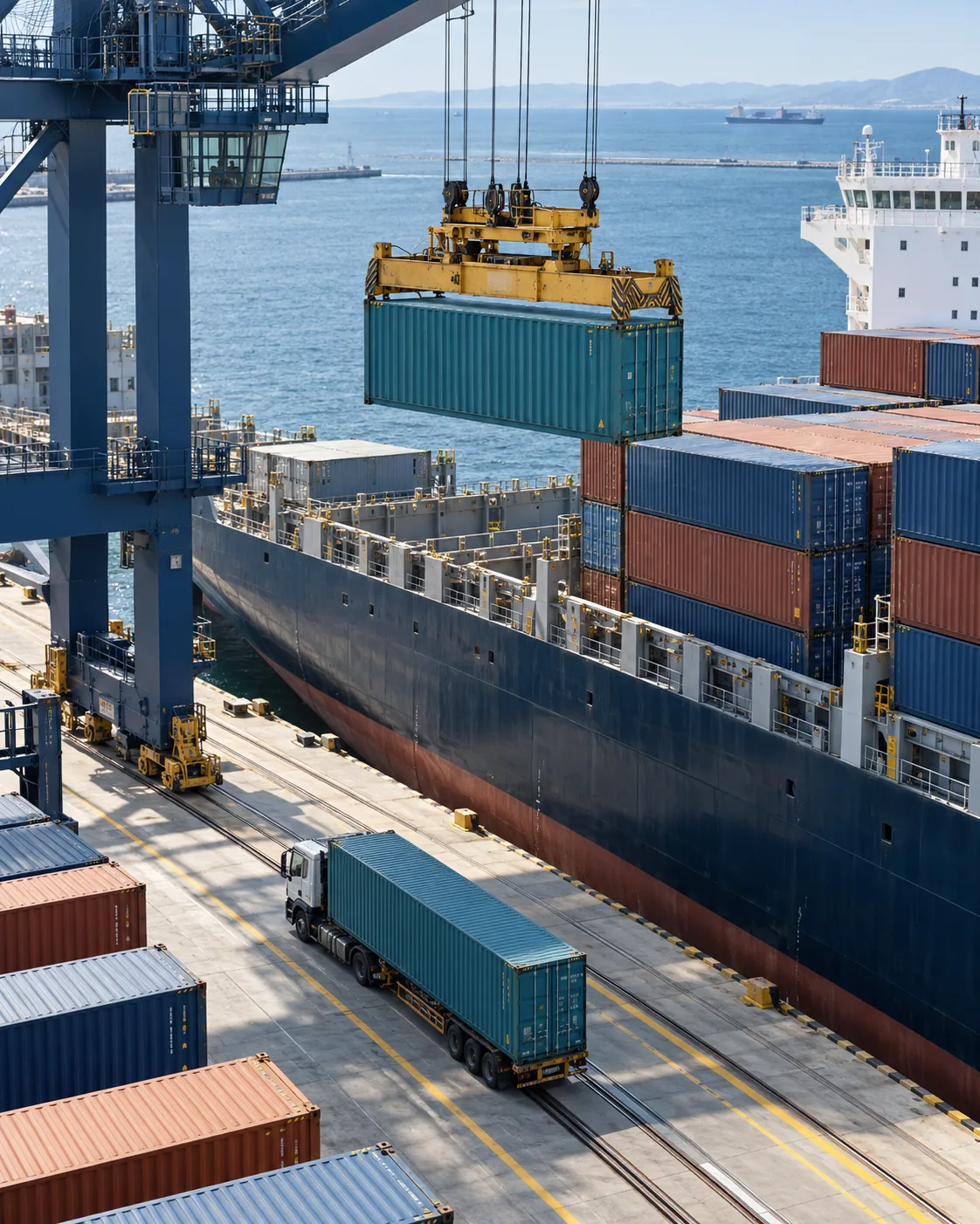 AI-generated illustration of coordinated container handling between a terminal truck, quay crane and cargo vessel