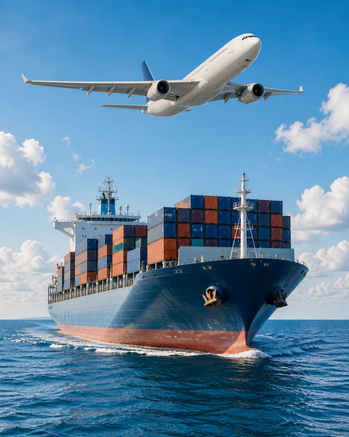 Cargo aircraft flying above a container ship at sea