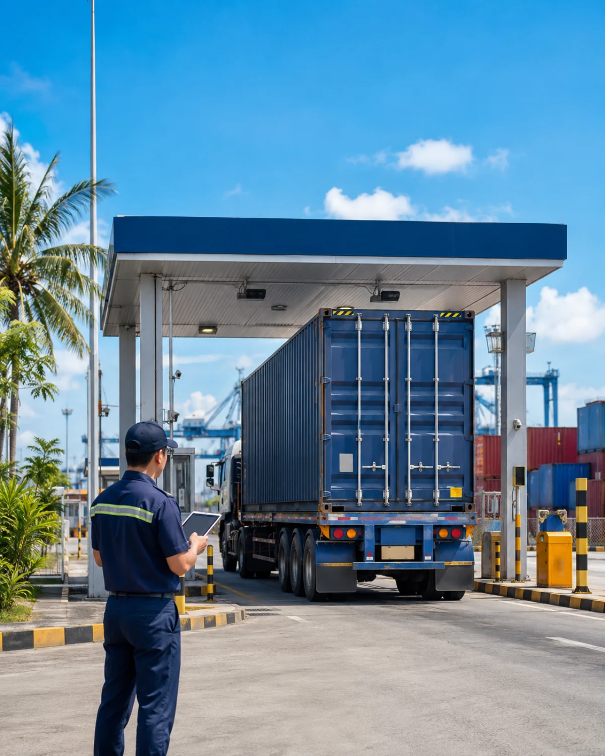 Container truck passing through a tropical destination-port clearance checkpoint