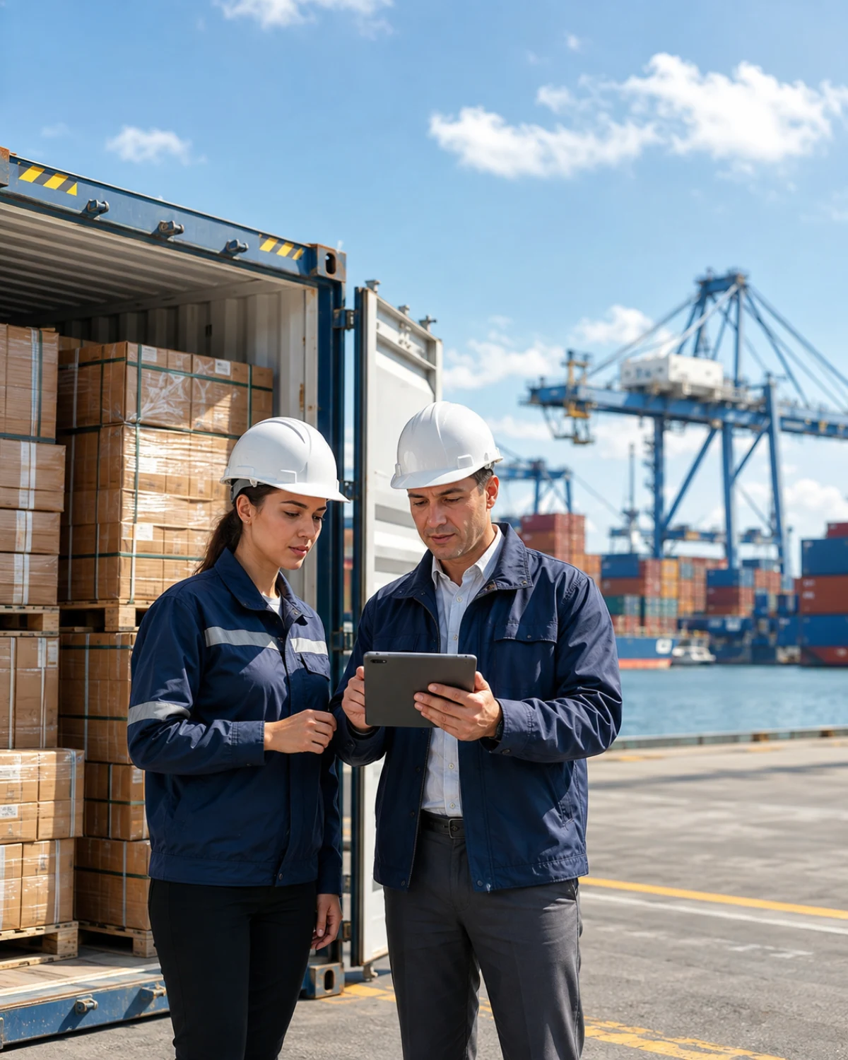 Customs and logistics specialists inspecting cargo at an open container
