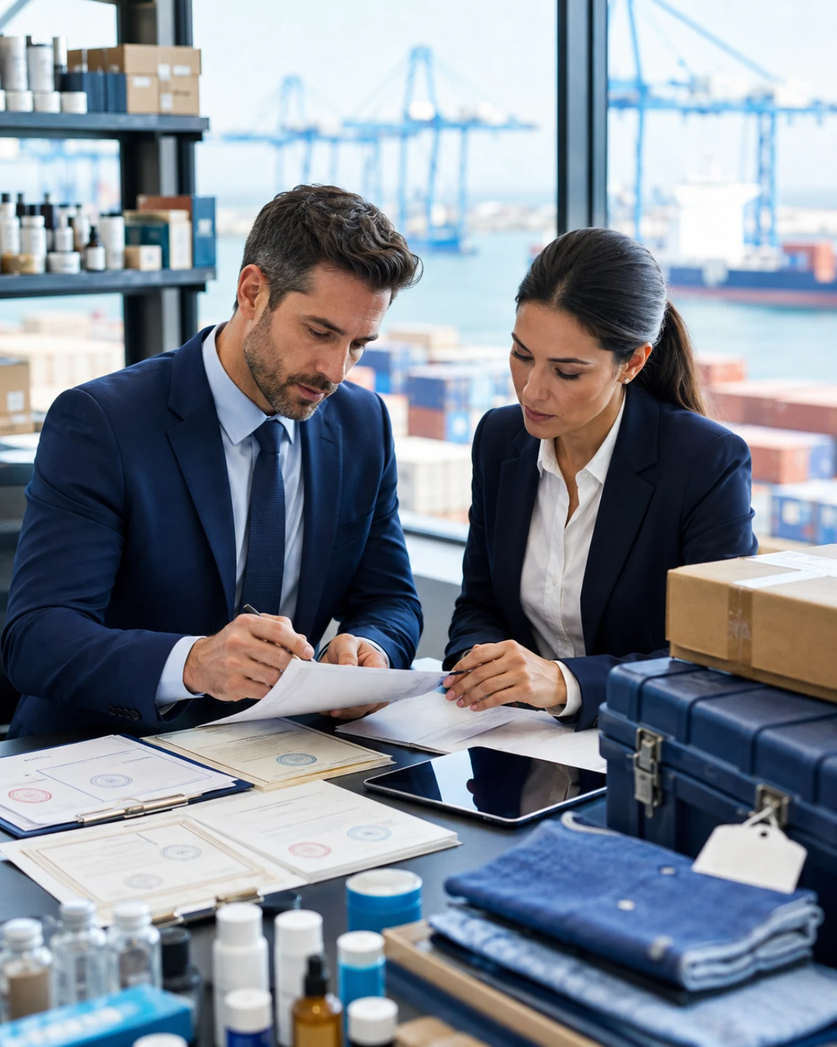 Trade compliance specialists reviewing import permits and product documents