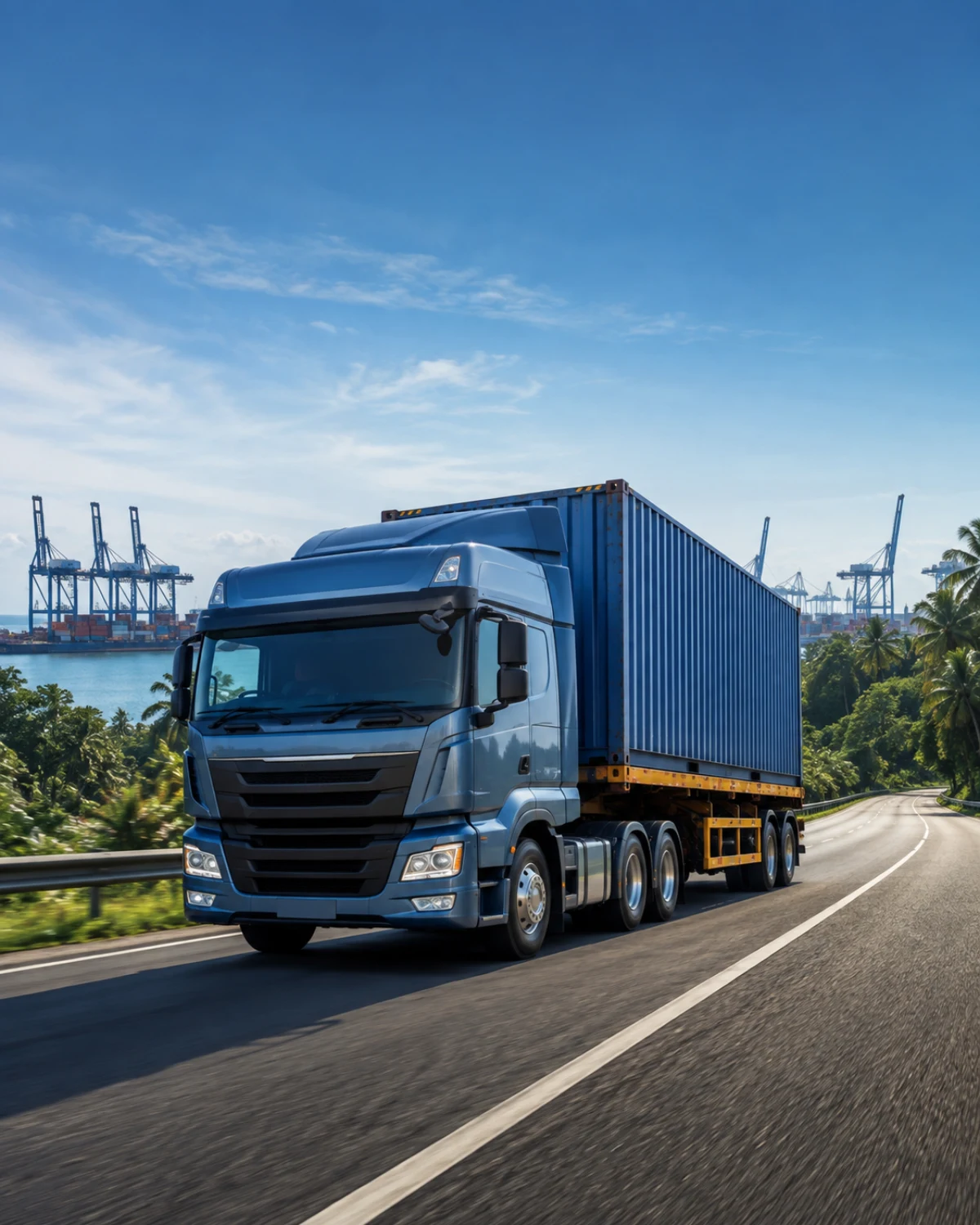 Container truck carrying cargo from port to an inland destination