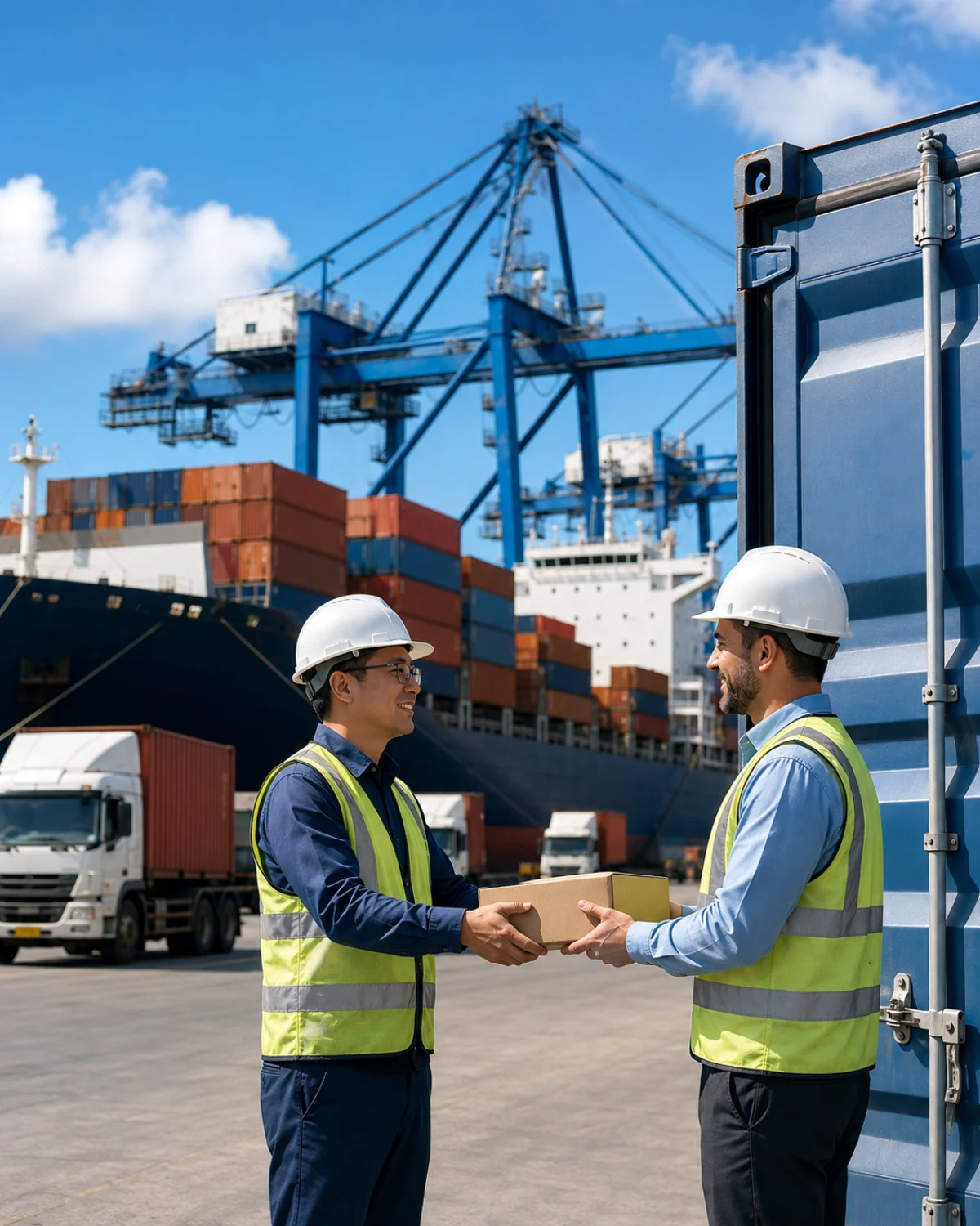 Overseas logistics partners completing a cargo handoff at an international terminal