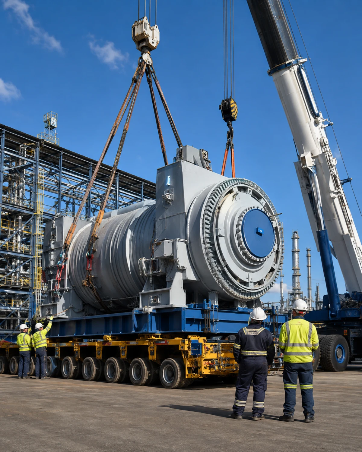 Heavy-lift team moving oversized industrial equipment at a project site