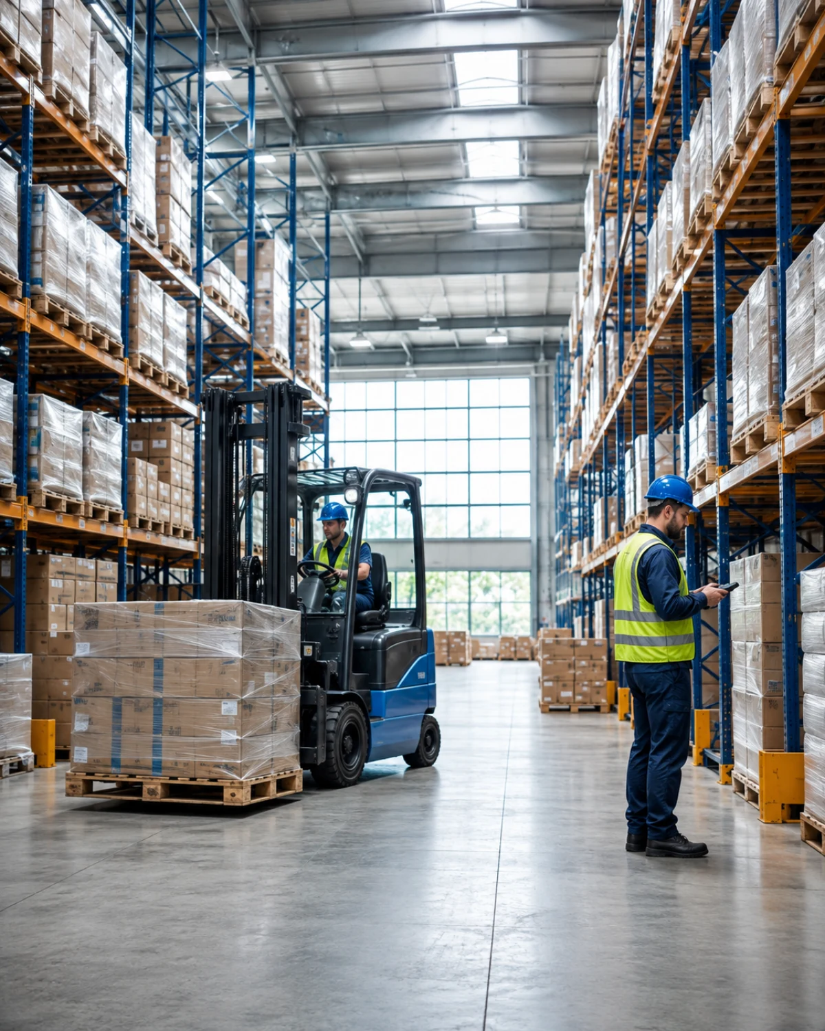 Forklift and warehouse coordinator handling palletized cargo in organized storage