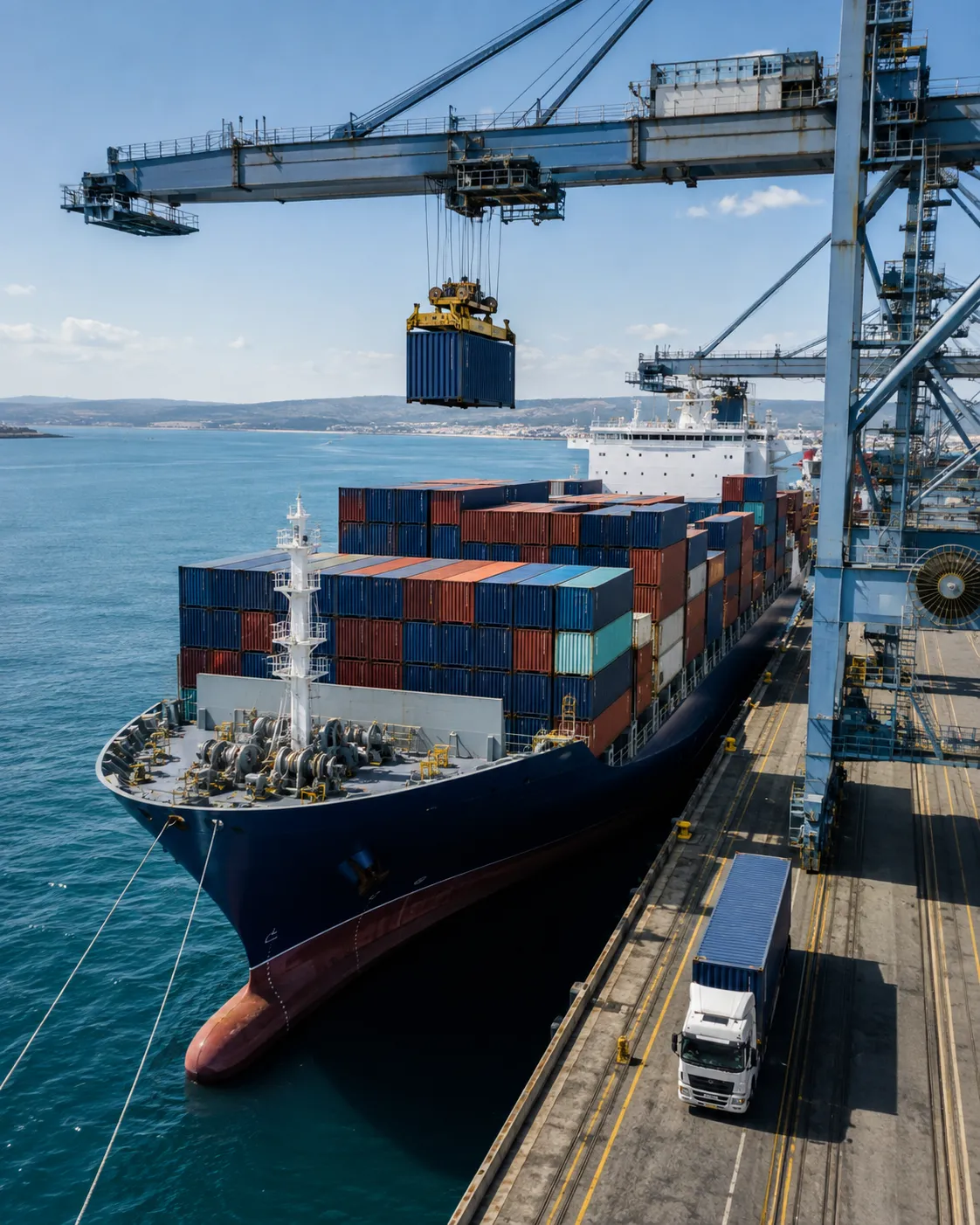 Illustrative container port scene with a gantry crane loading a docked cargo ship